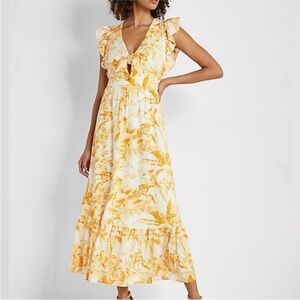 Express Yellow and White Sleeveless Ruffled Maxi Dress floral vacation whimsical